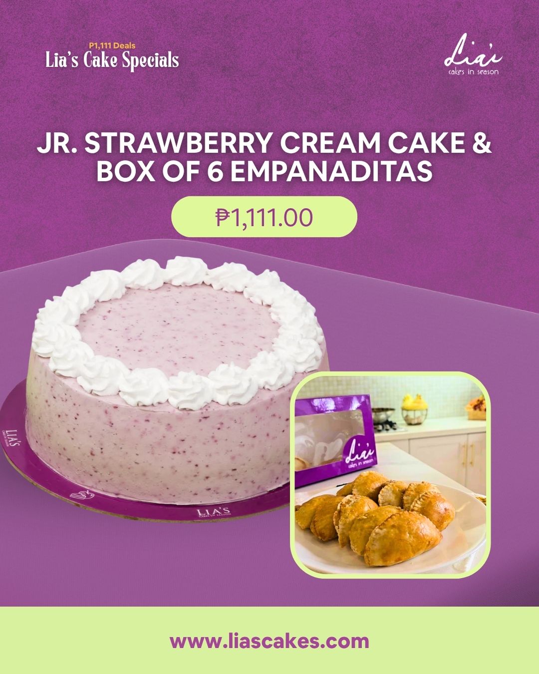 11.11 SALE | Junior Strawberry Cream Cake + Box of 6 Chicken Empanaditas