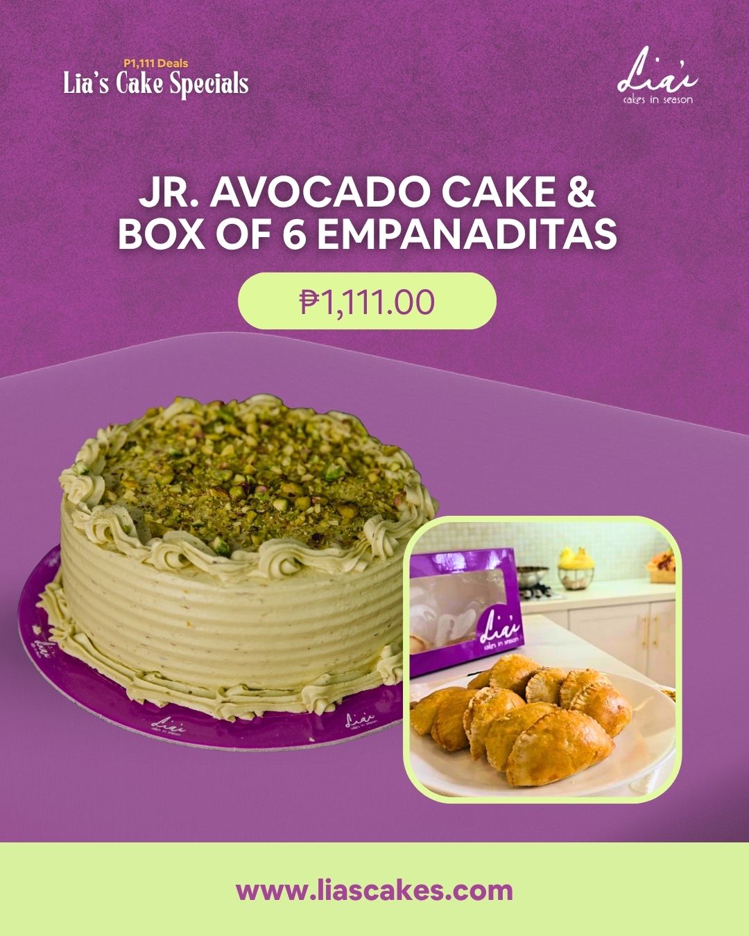 11.11 SALE | Avocado Cake + Box of 6 Chicken Empanaditas